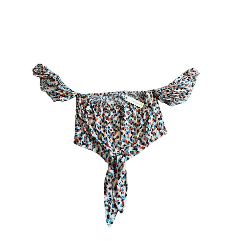 Olivaceous Shirt Womens Medium Colorful Spotted Cropped Top With Tie Boho Hippie